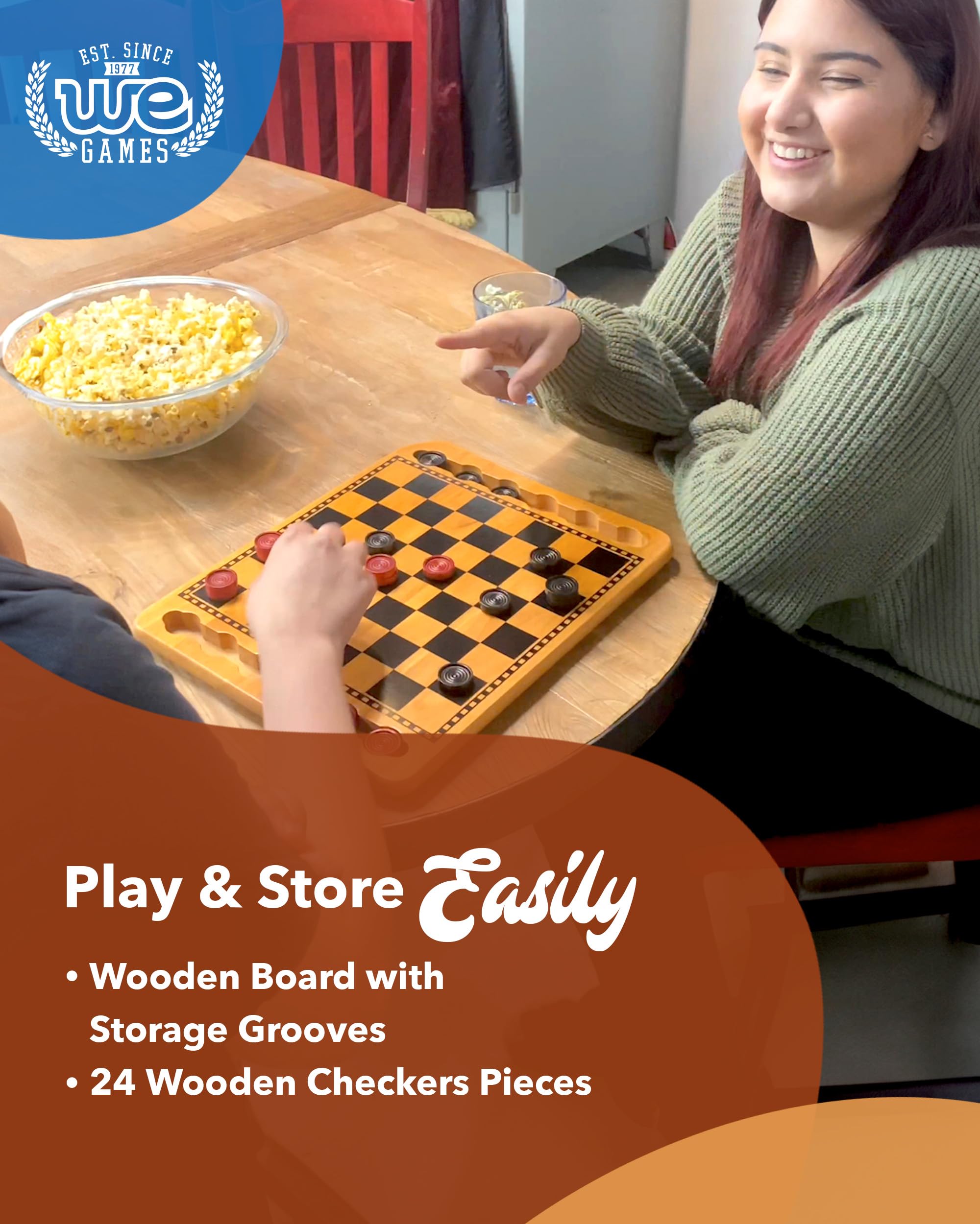 WE Games travel-friendly checkers set fits compactly for trips and casual gatherings.
