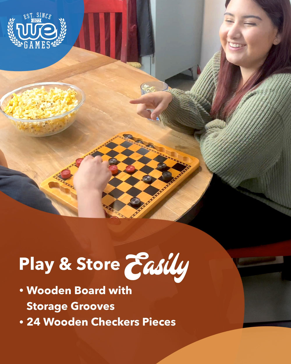 WE Games travel-friendly checkers set fits compactly for trips and casual gatherings.