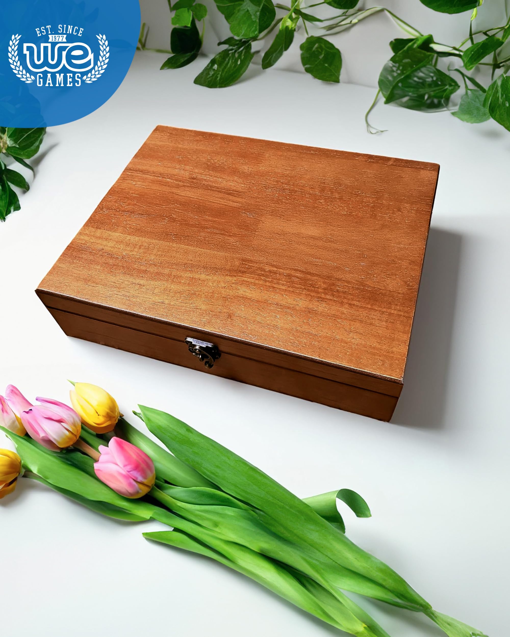 Handcrafted wooden box by WE Games emphasizes timeless construction.