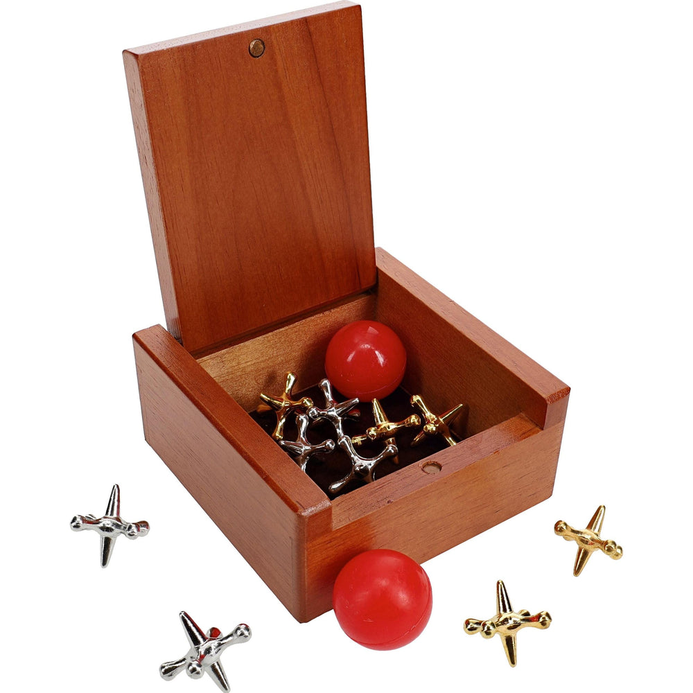 WE Games Metal Jacks Set in keepsake box for compact travel storage.