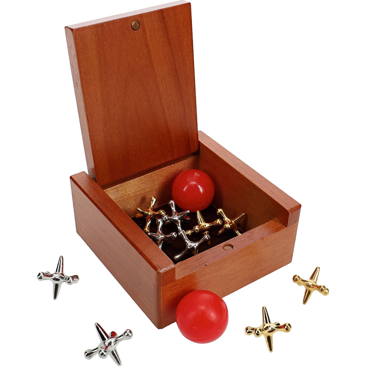 WE Games Metal Jacks Set in keepsake box for compact travel storage.