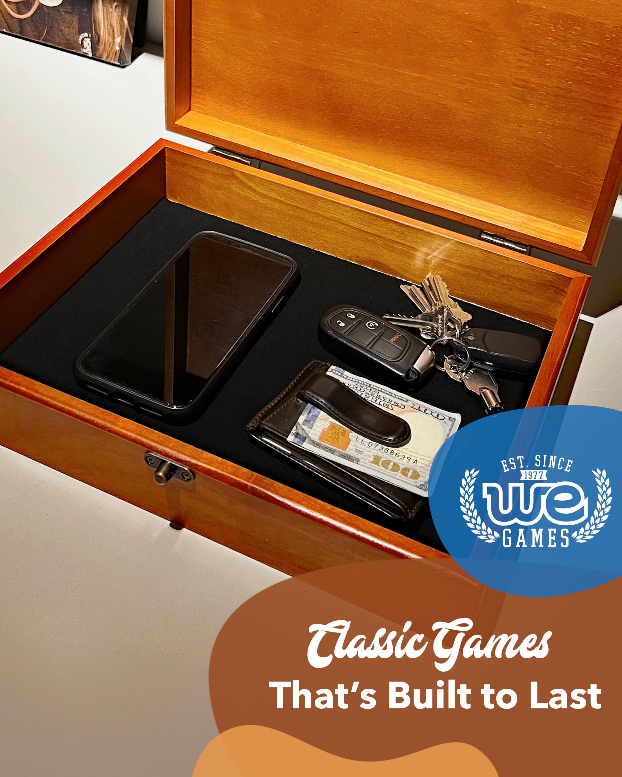 WE Games Old World box cherrywood finish offers warm vintage appeal and style.
