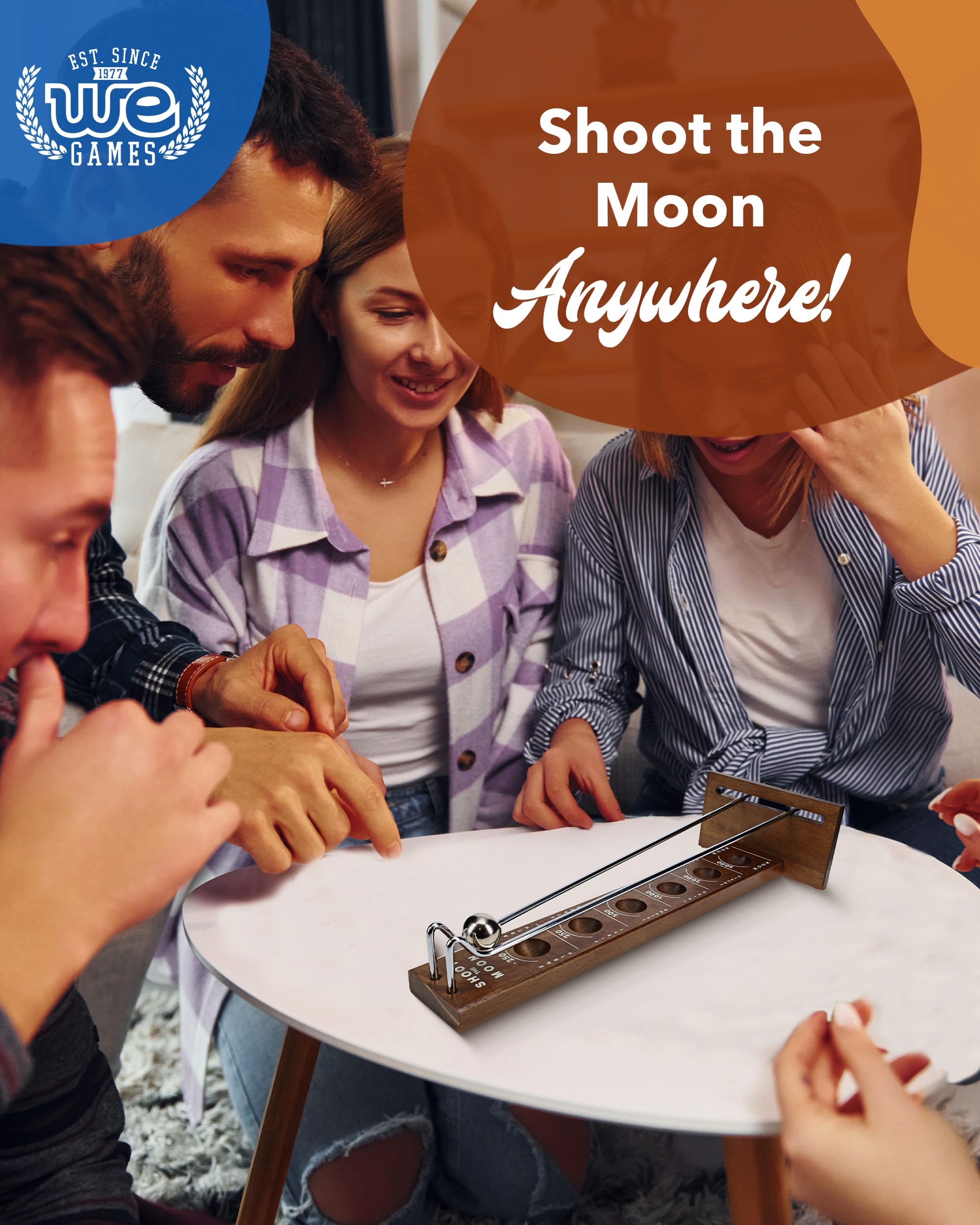 WE Games Shoot the Moon measures about 17.5 inches for a generous tabletop play area