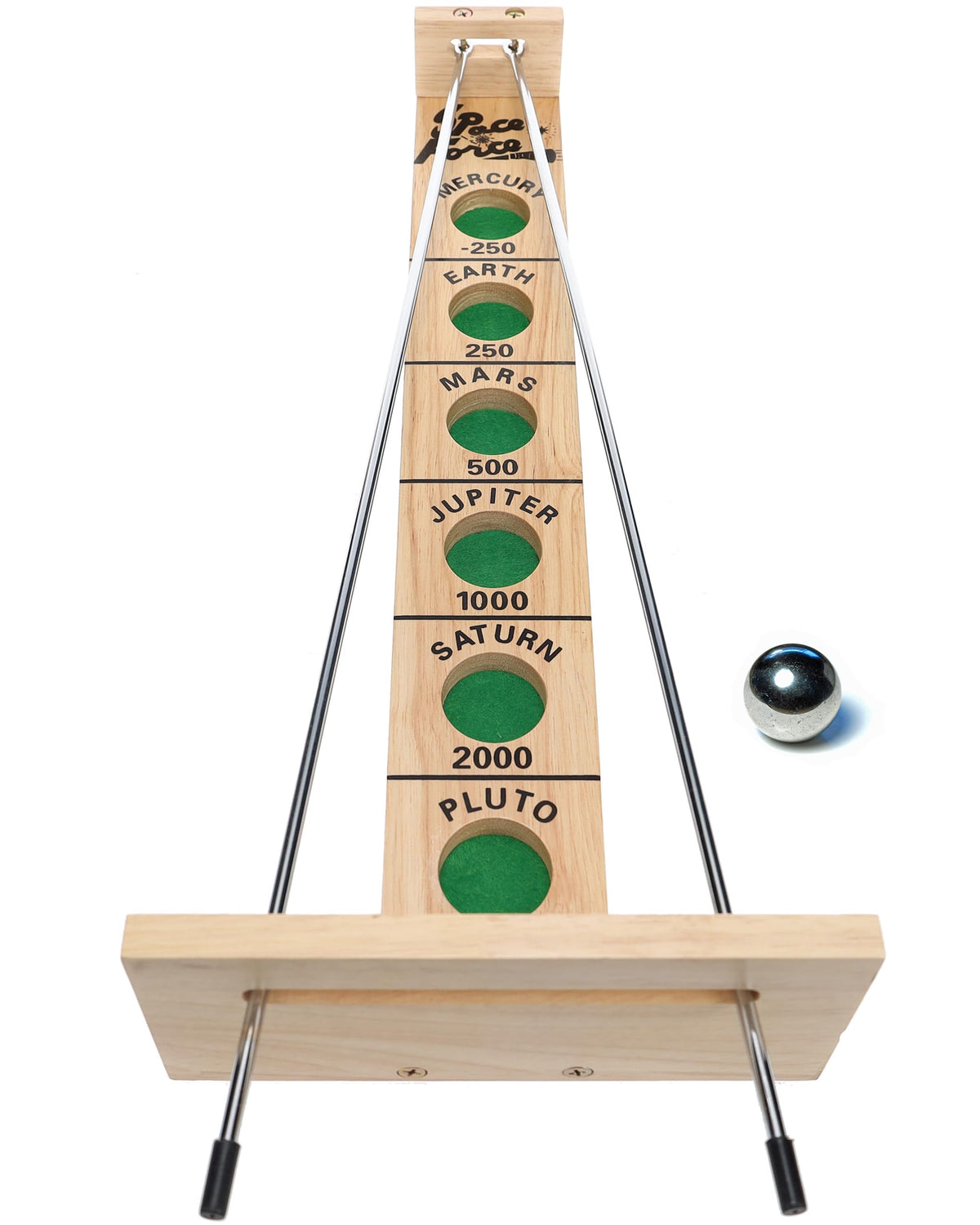 WE Games Shoot The Moon rolling ball on solid wood surface for family fun.