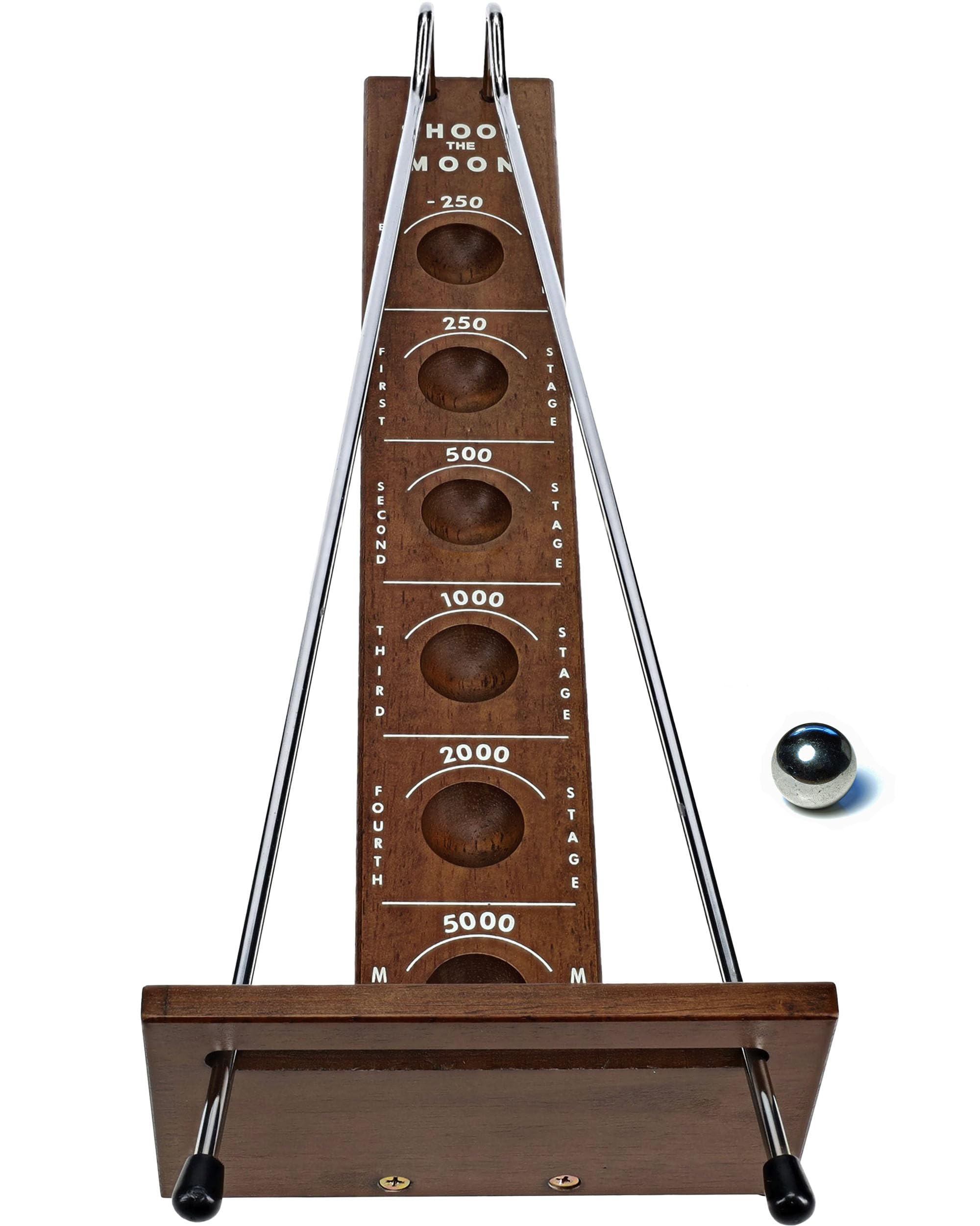 WE Games Shoot the Moon table top board closeup highlights smooth craft and walnut finish