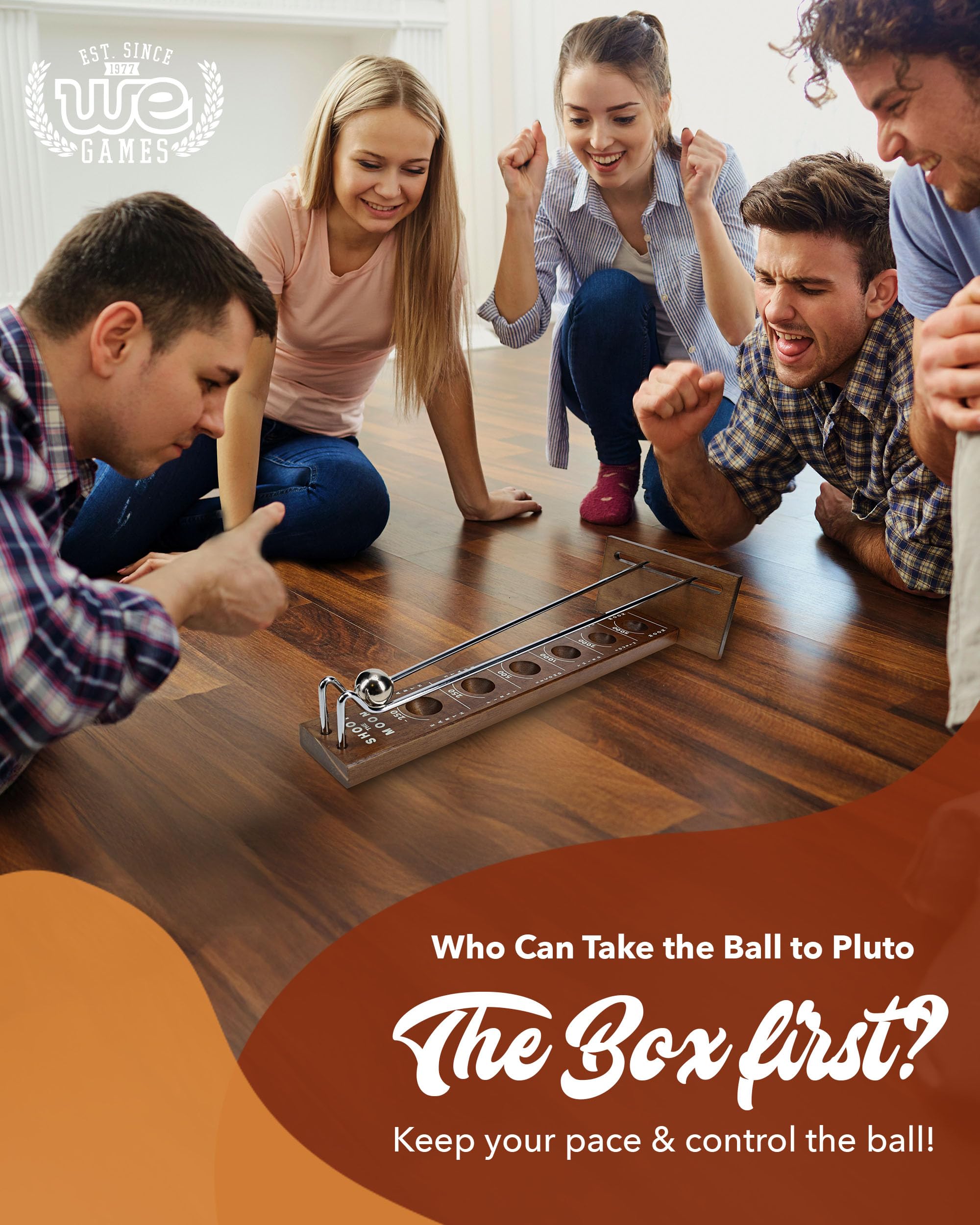 WE Games Shoot the Moon walnut-stain wood surface showcases durable, timeless design for any room