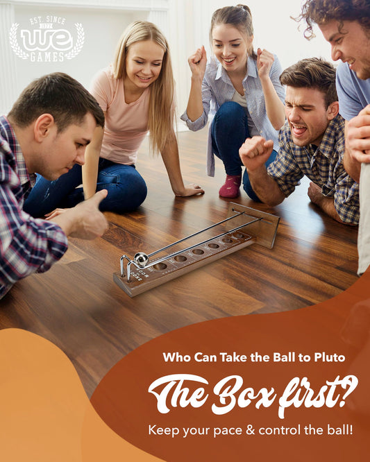 WE Games Shoot the Moon walnut-stain wood surface showcases durable, timeless design for any room