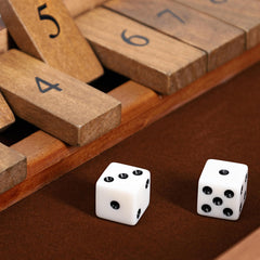 WE Games Shut The Box front view showing the full wooden box design.