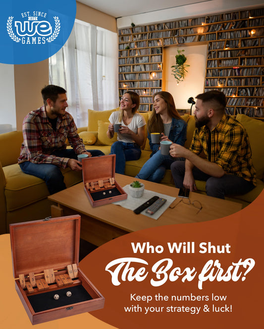 WE Games Shut-The-Box game board pieces laid out for quick setup.