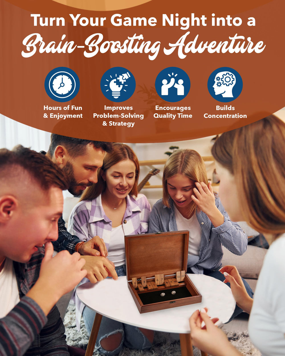 WE Games Shut-The-Box retro wooden tone evokes nostalgic gaming.