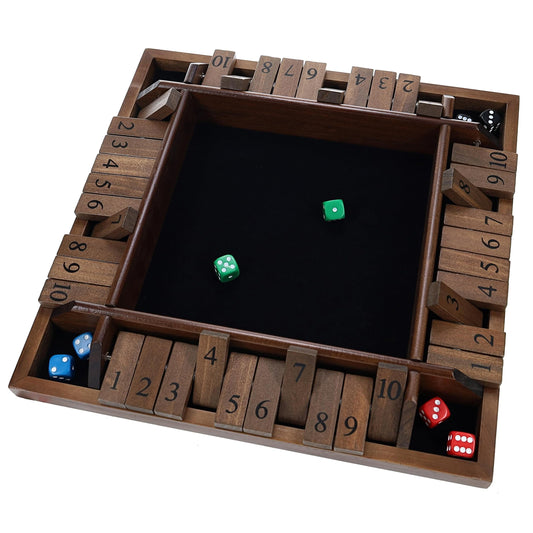 WE Games Shut the Box wooden board in walnut finish, ideal for cozy family game nights.