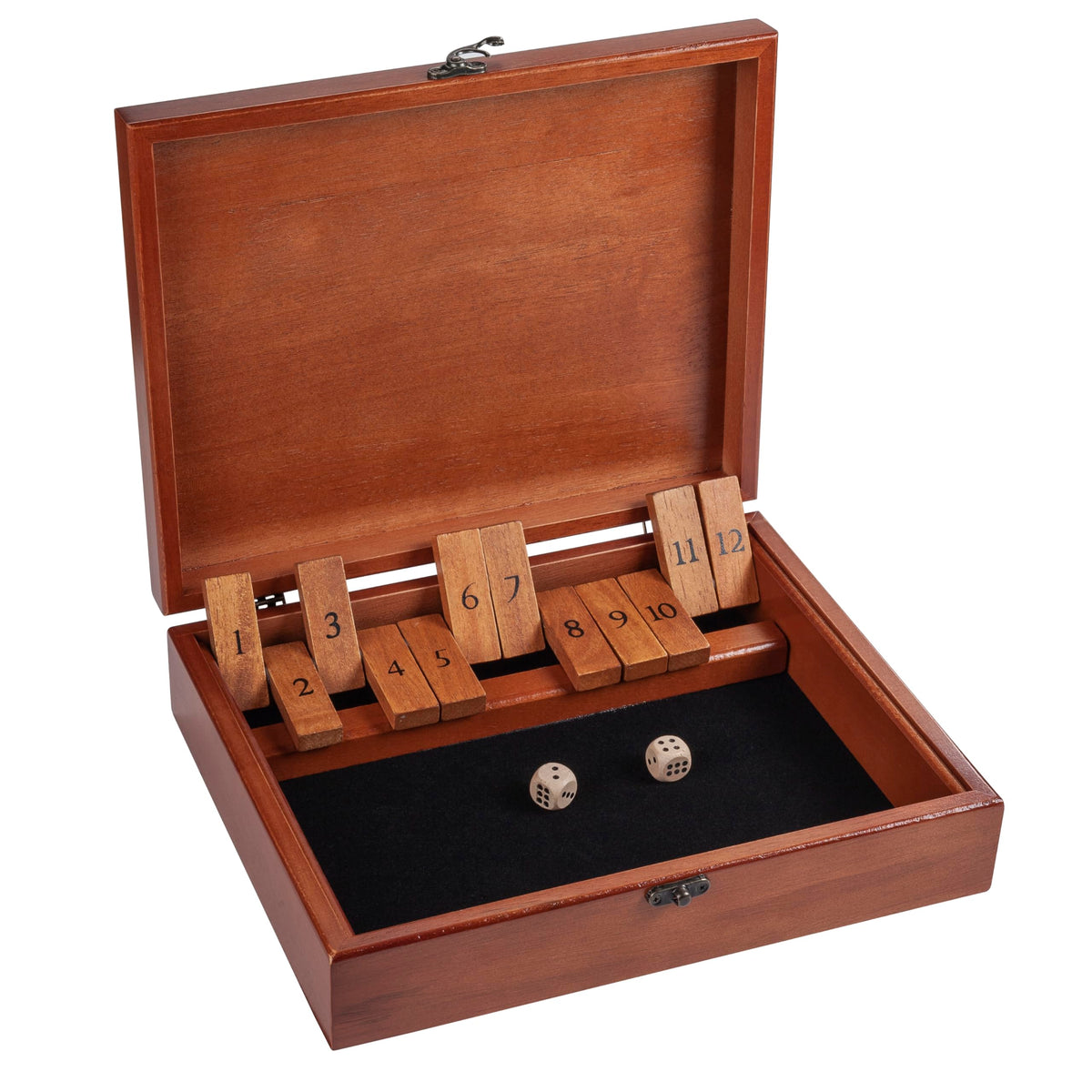 WE Games Shut-The-Box wooden box and dice for classic game night.