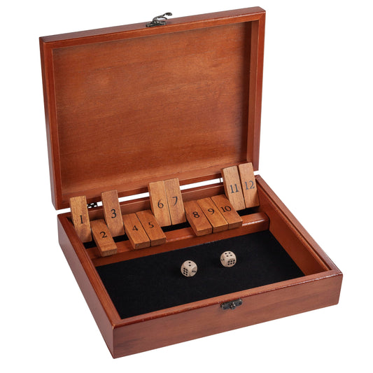 WE Games Shut-The-Box wooden box and dice for classic game night.
