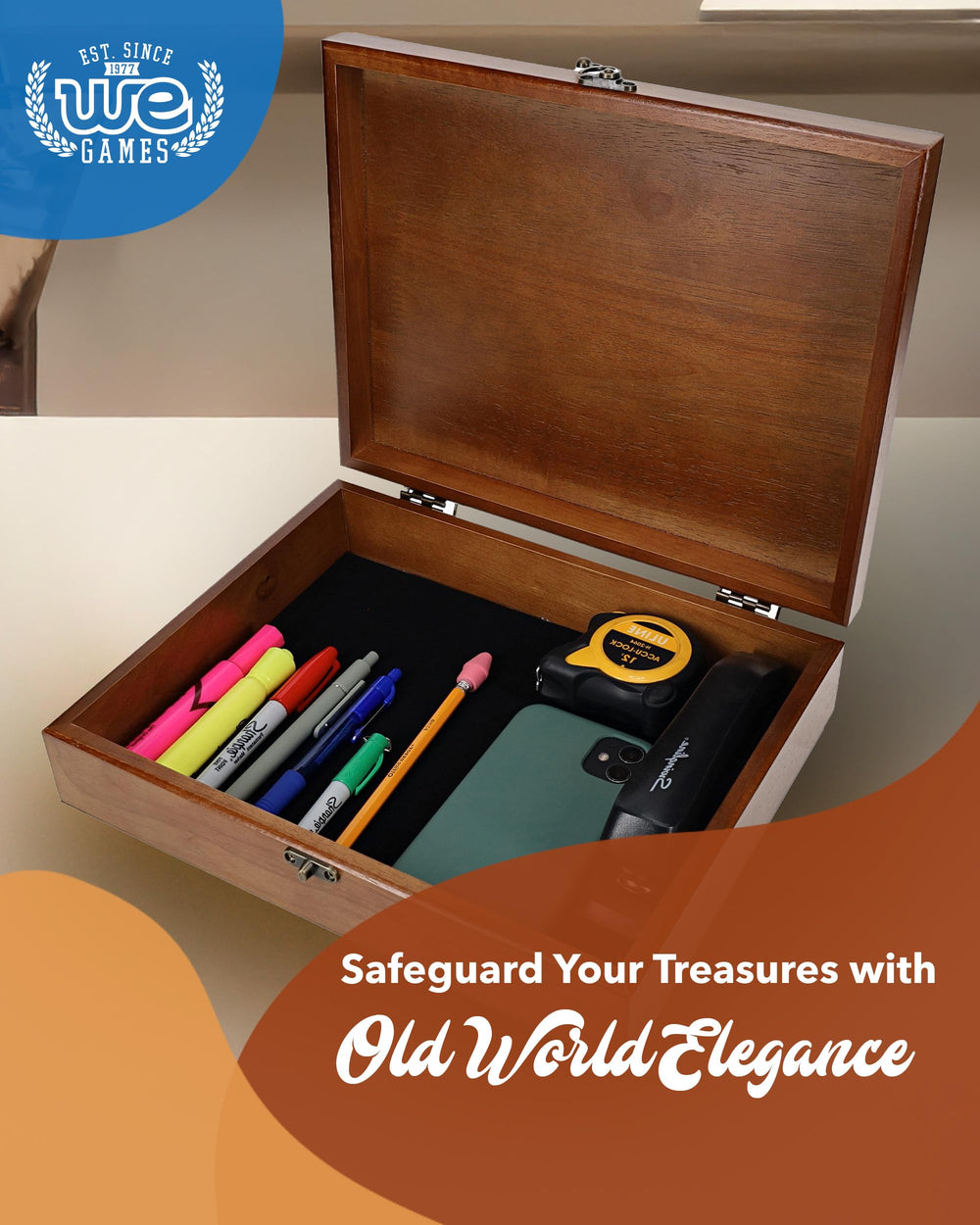 Wooden box with distressed walnut finish adds antique charm to any shelf.