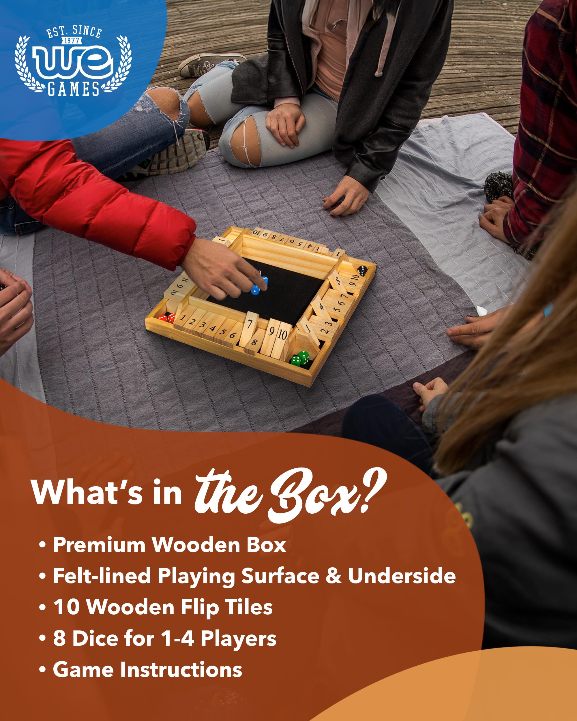 WE Games Wooden Shut The Box 14-inch board in natural wood for larger play.