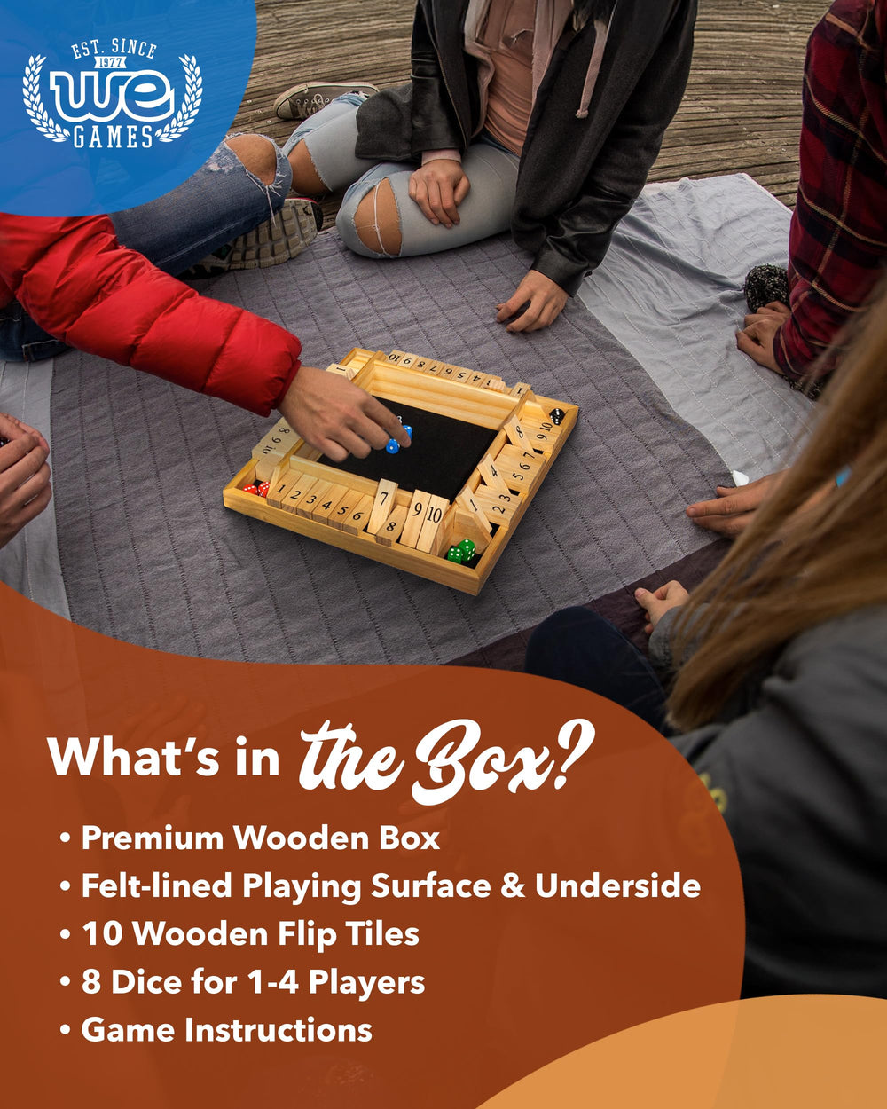 WE Games Wooden Shut The Box 14-inch board in natural wood for larger play.