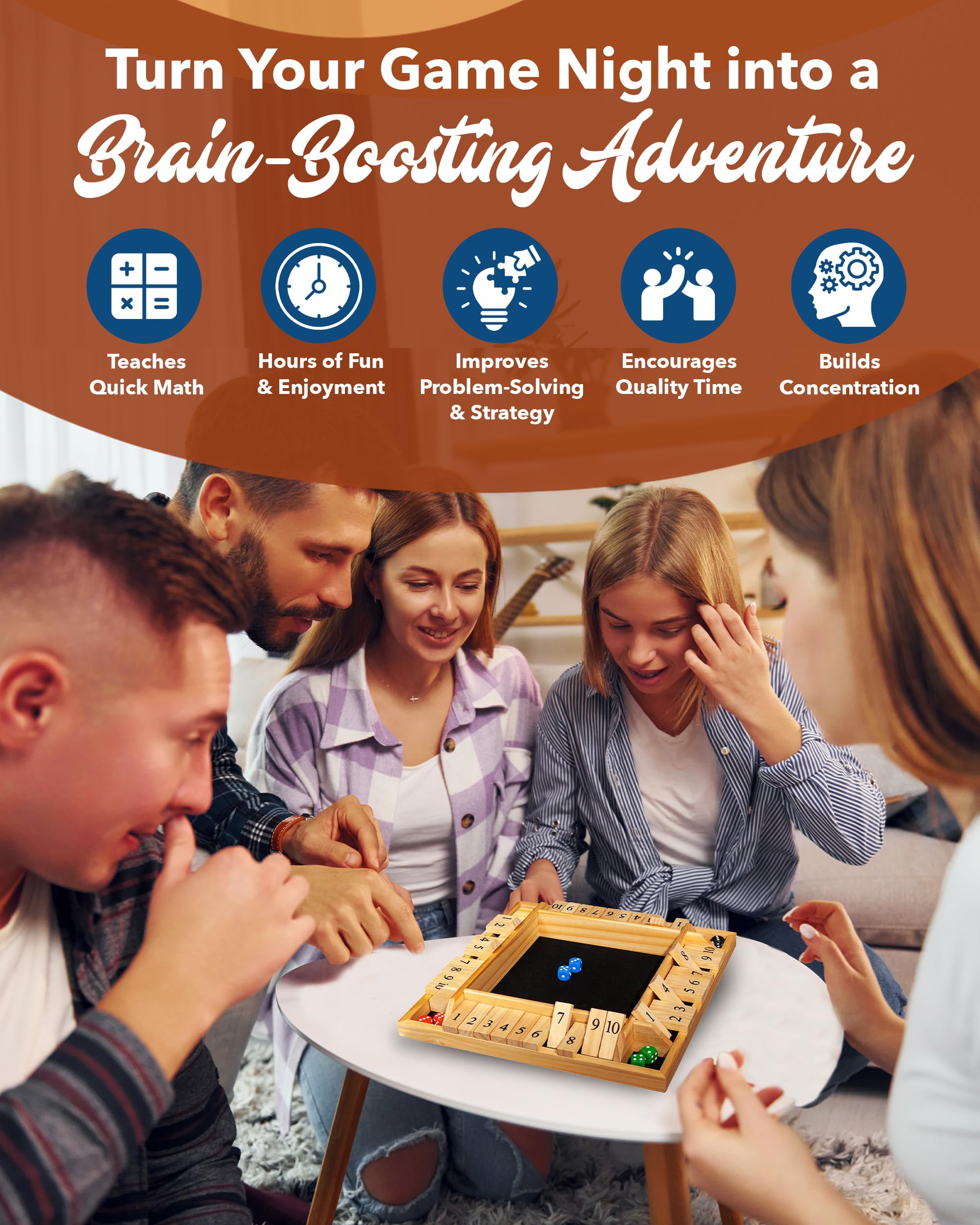 WE Games Wooden Shut The Box natural wood finish adds warmth and durability.