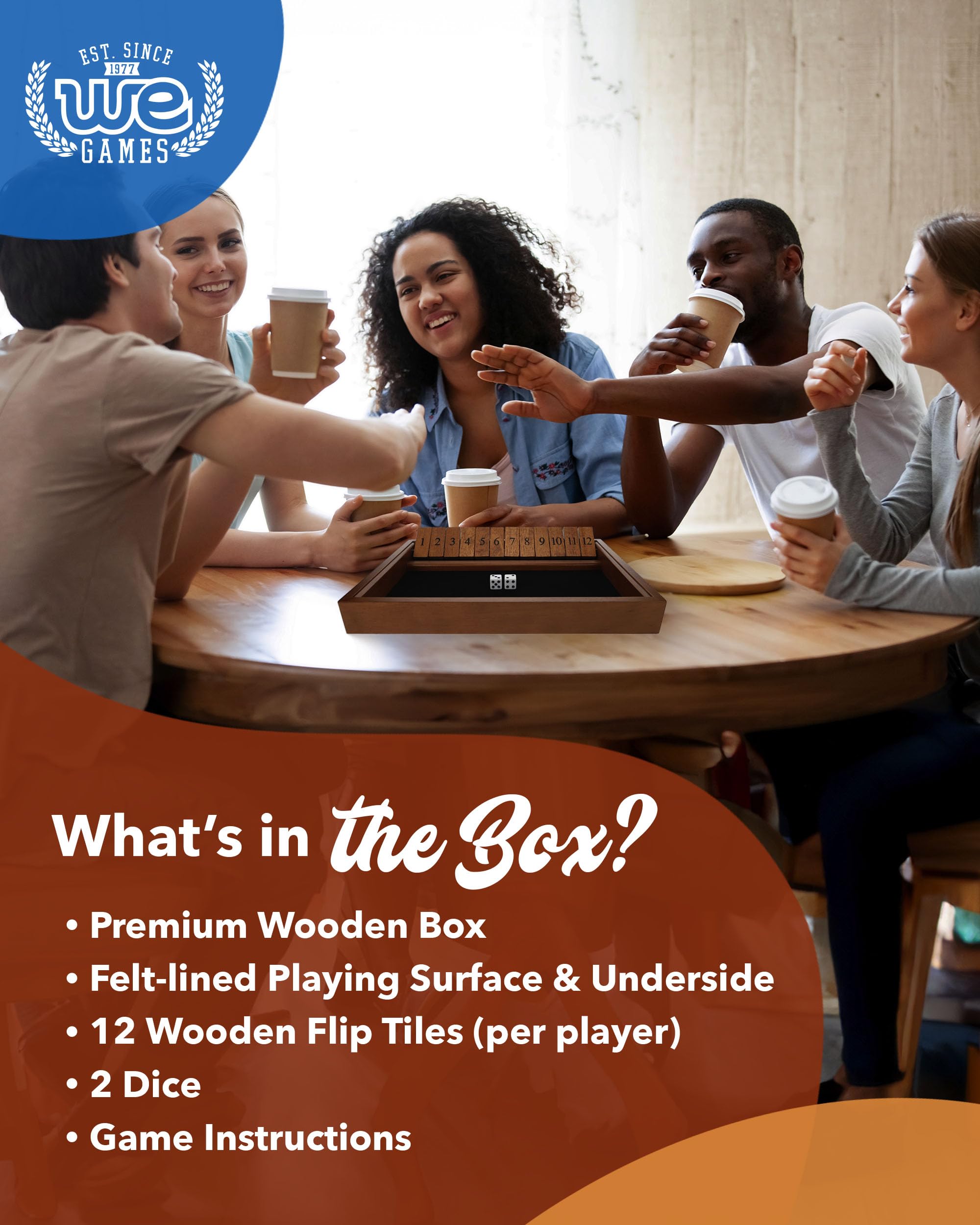 WE Games Shut The Box flip tiles on a soft felt surface