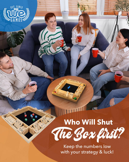 WE Games Wooden Shut The Box tiles showing 10 numbers for varied scoring.