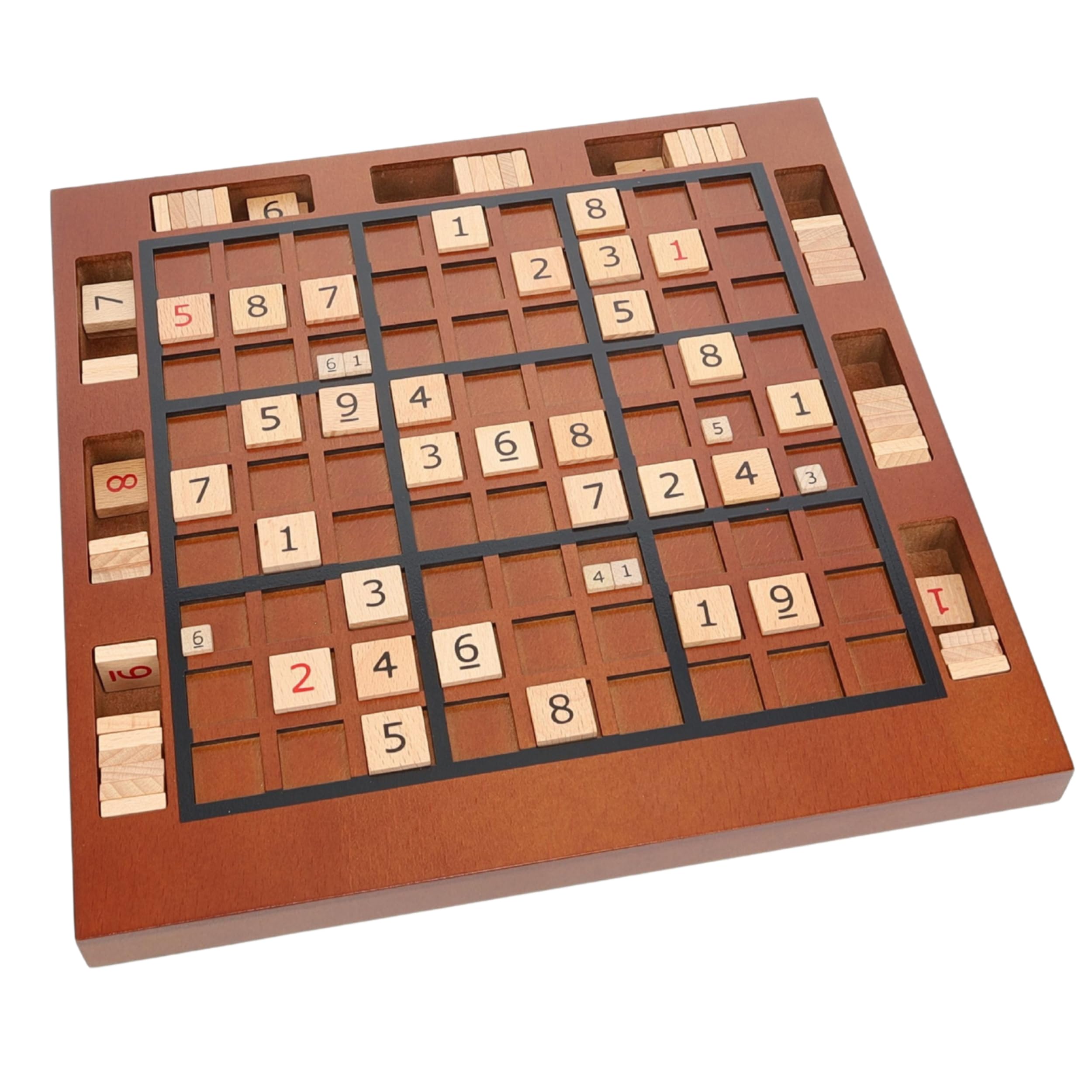 WE Games wooden Sudoku board with storage slots keeps pieces organized during play