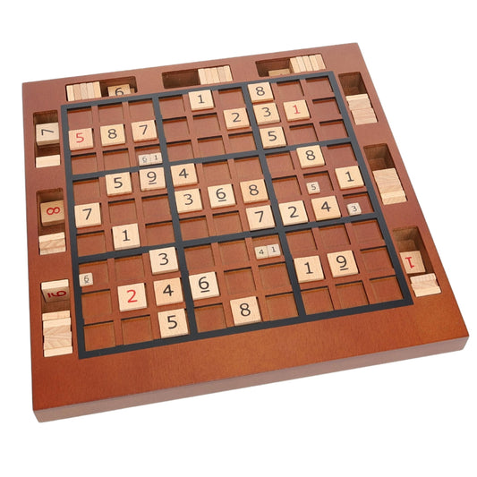 WE Games wooden Sudoku board with storage slots keeps pieces organized during play