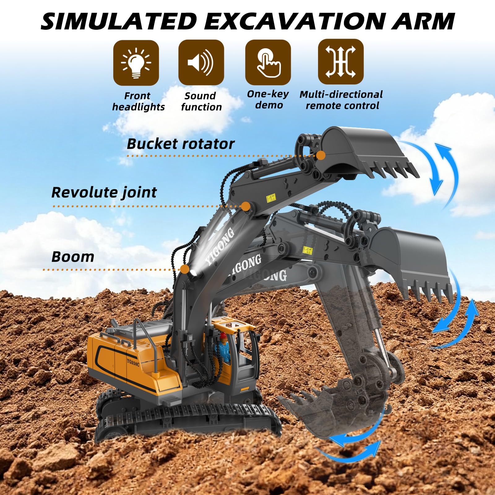 Illuminated WEACFUS excavator with realistic sounds for immersive play