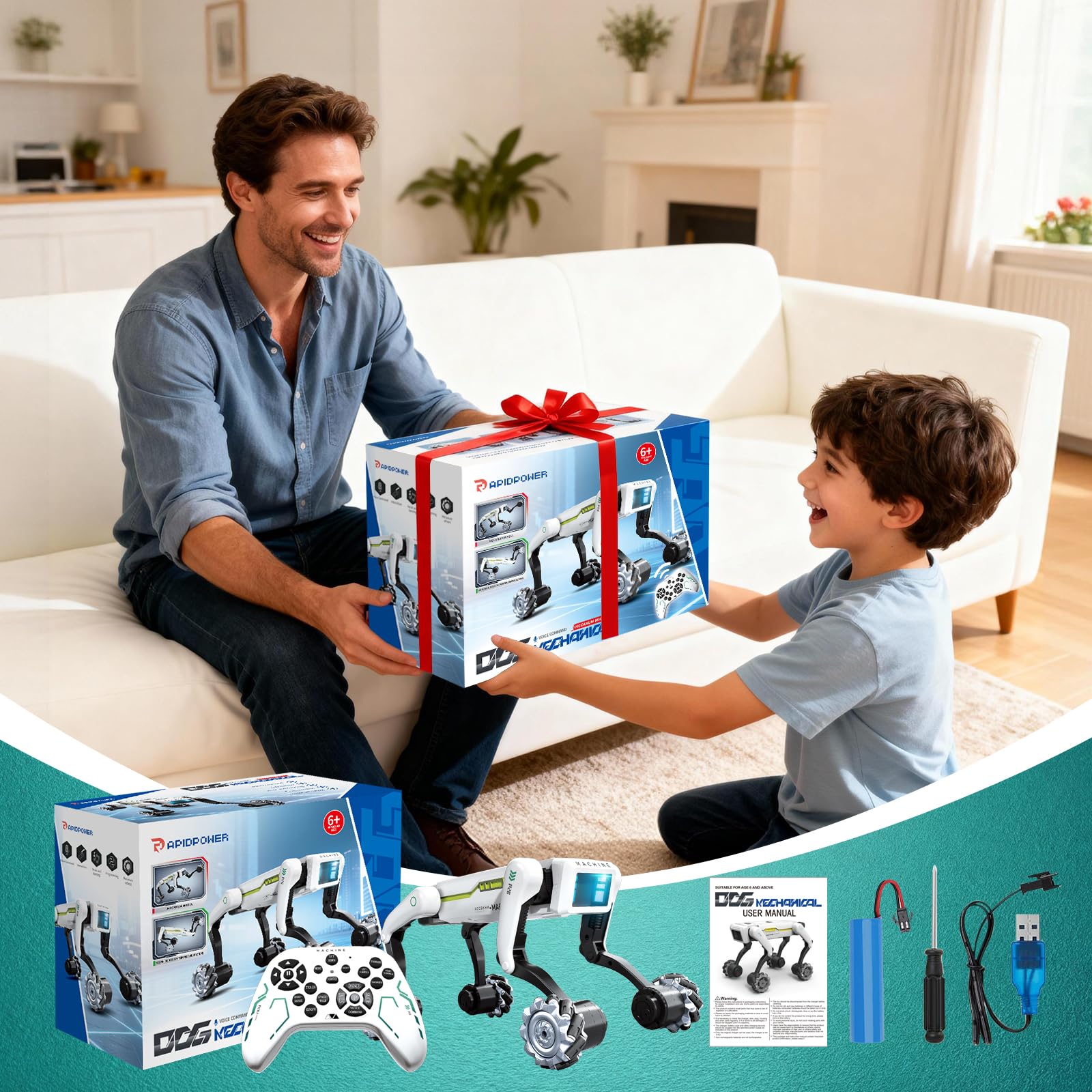 WEACFUS Smart Robot Dog blue LED lights enhance the play vibe.