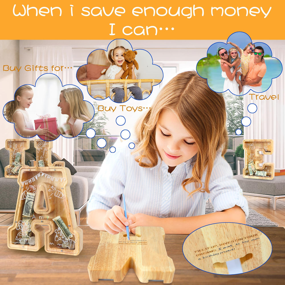 weallbuy large letter piggy bank front panel close-up showing see-through design