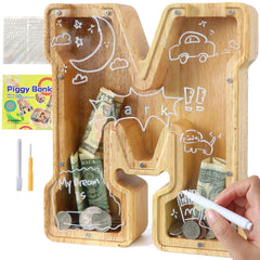 Weallbuy large letter piggy bank front view with transparent panel for visual savings progress for kids.