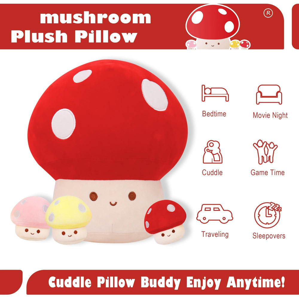 WeBingo mushroom plush big head detail, inviting hugs and kid-friendly design.