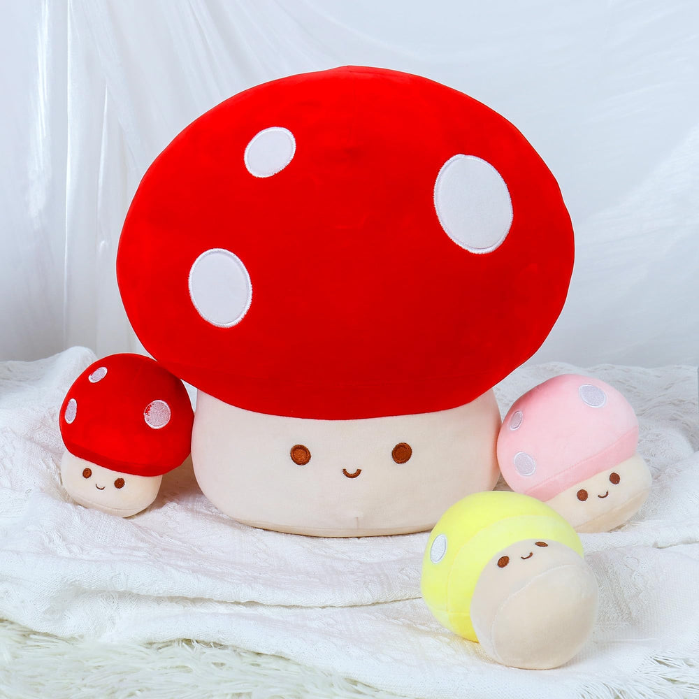 WeBingo mushroom plush used as nap pillow on bed or sofa.