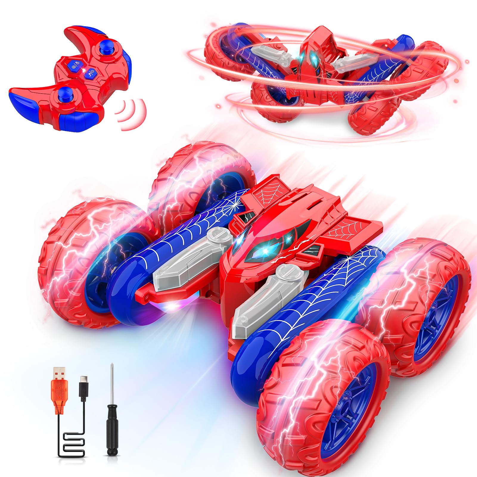 Webspidee remote control car performing a 360-degree spin for stunts.