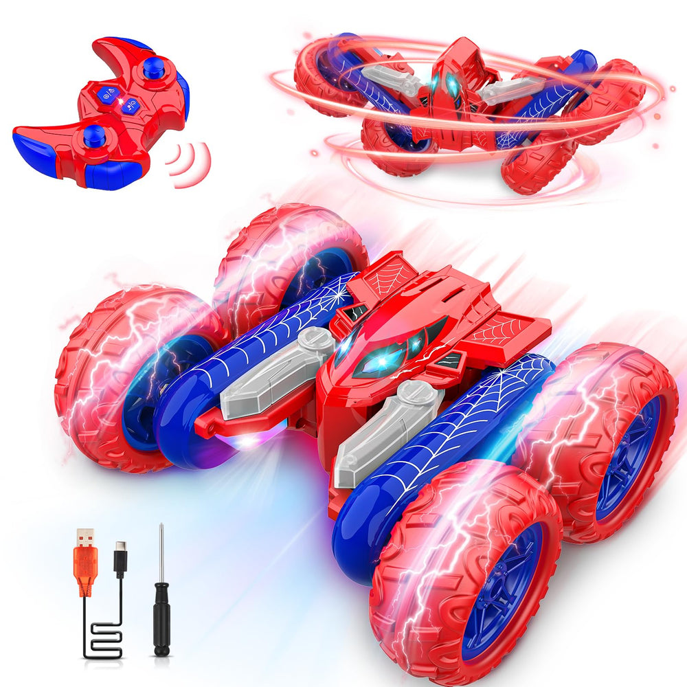 Webspidee remote control car performing a 360-degree spin for stunts.