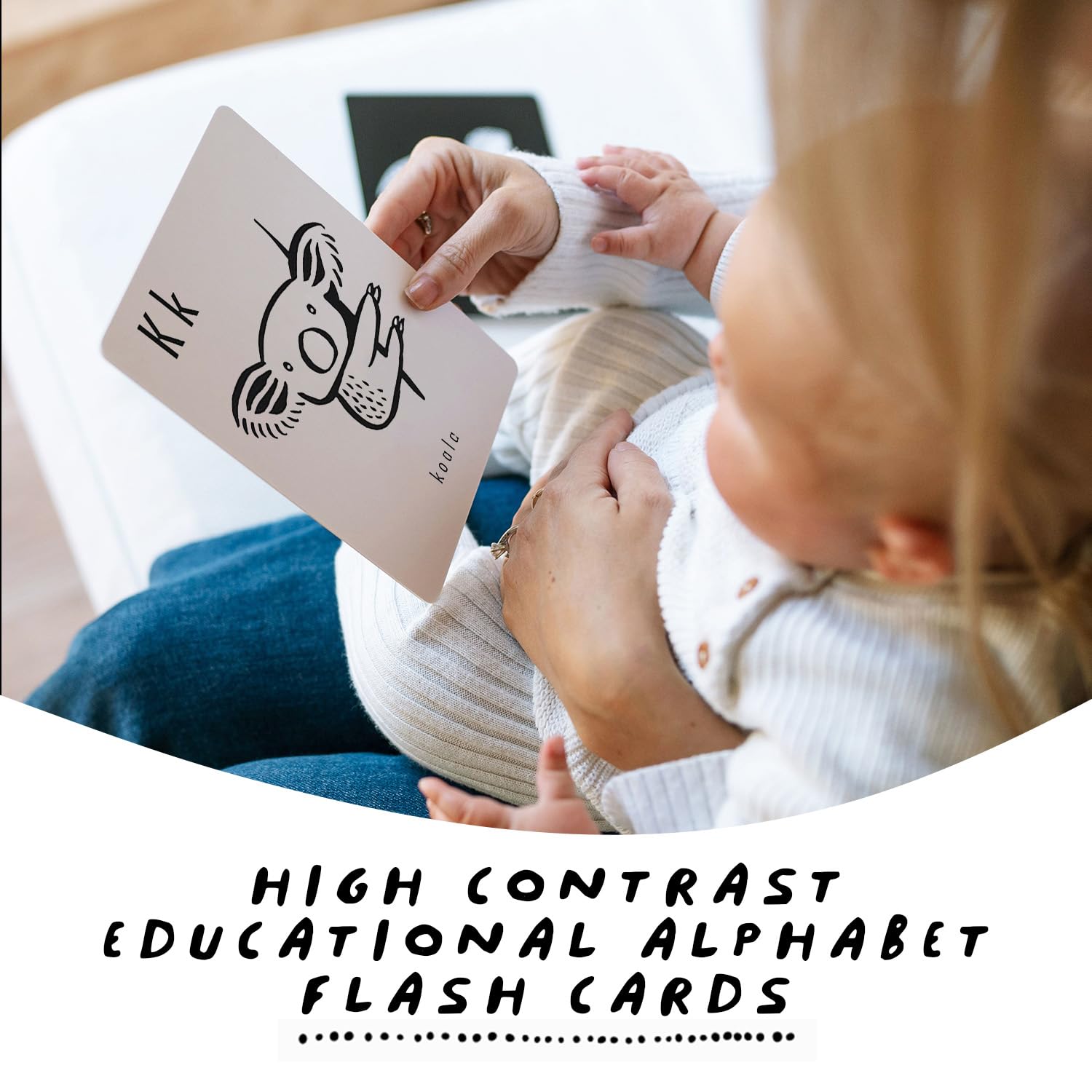 Wee Gallery high-contrast flashcards back side shows animal alphabet for interactive learning
