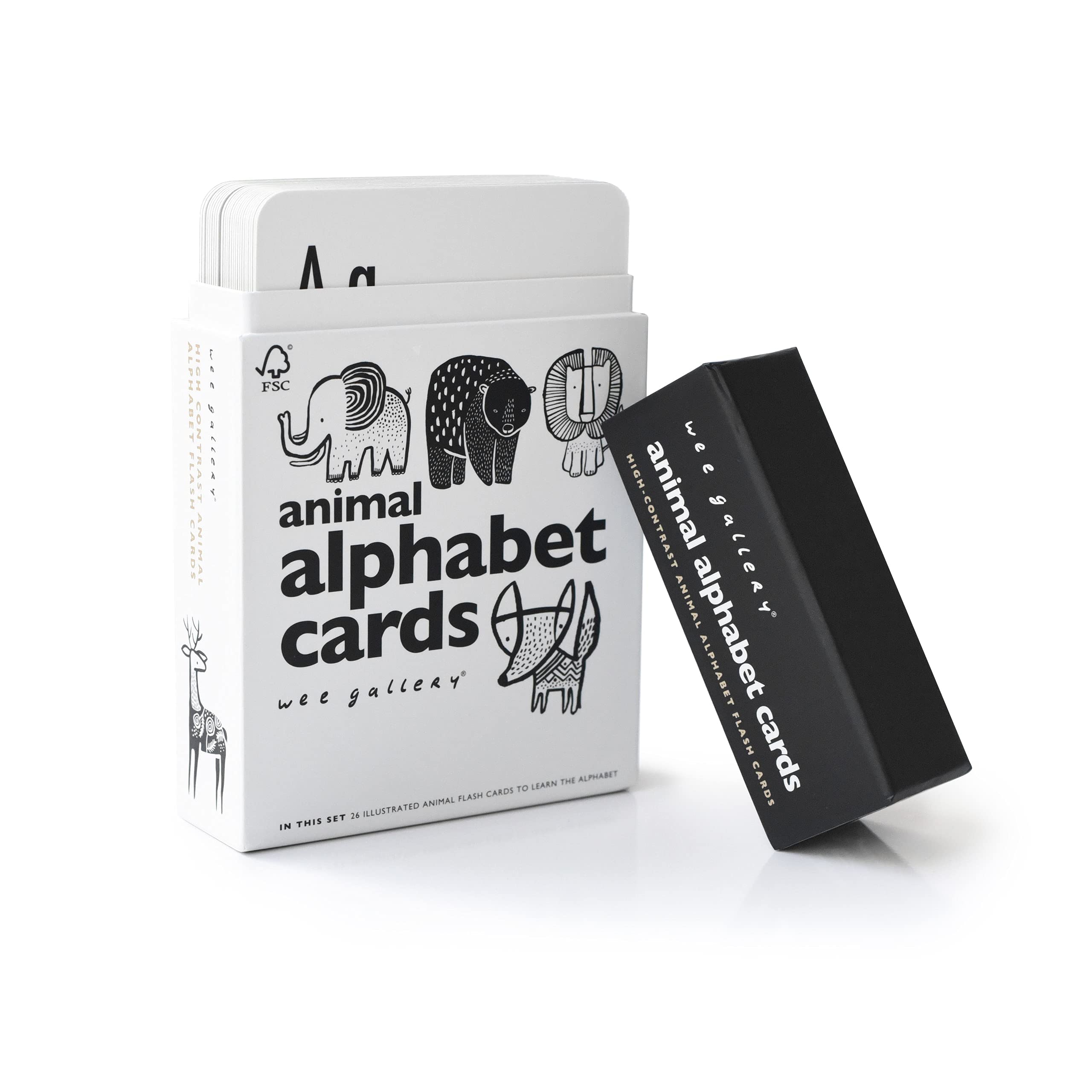 Wee Gallery high-contrast flashcards with animal letters front promote early visual tracking