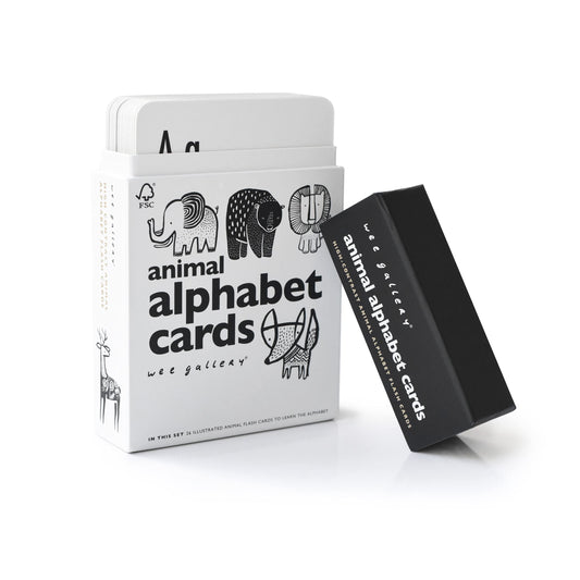 Wee Gallery high-contrast flashcards with animal letters front promote early visual tracking