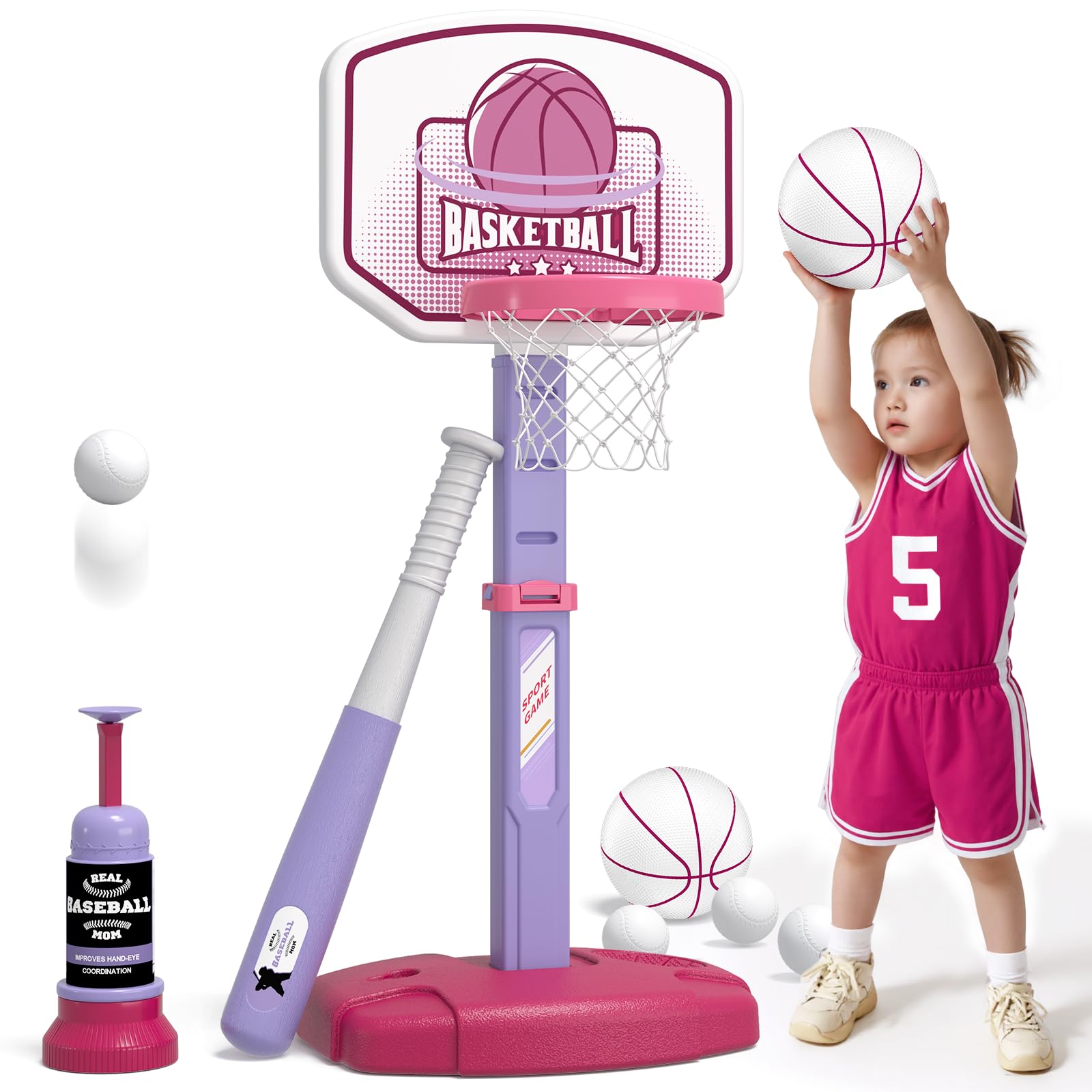 Wee Wonders 2-in-1 toddler hoop pink; easy scoring for small kids.
