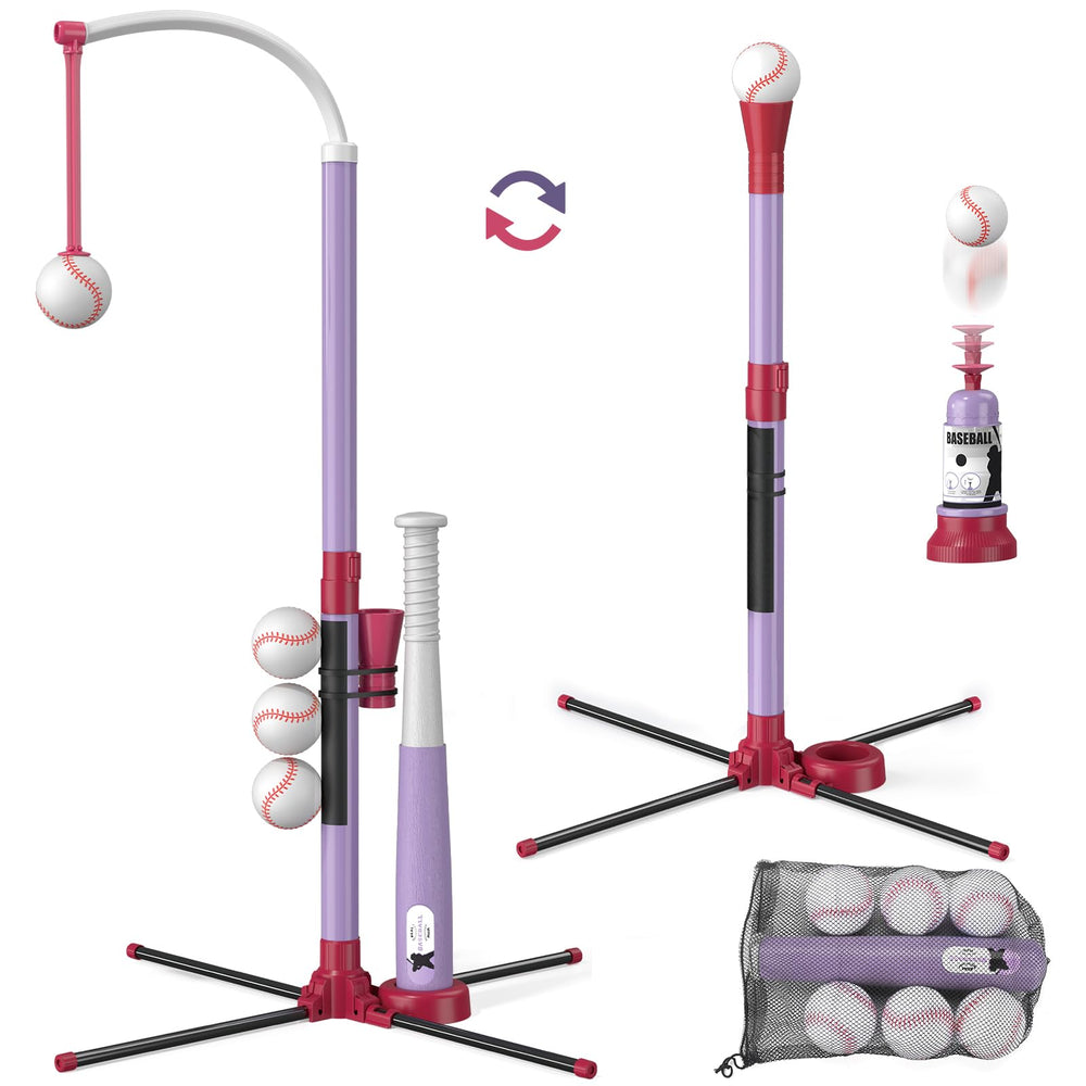 Wee Wonders 3-in-1 T Ball Set hanging tee setup boosts hand-eye coordination outdoors.