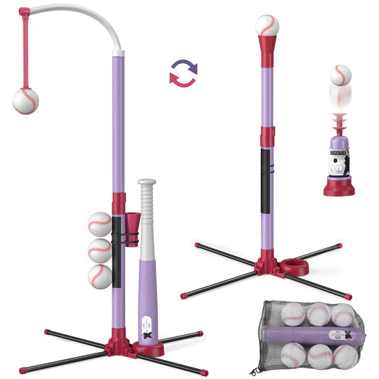 Wee Wonders 3-in-1 T Ball Set hanging tee setup boosts hand-eye coordination outdoors.