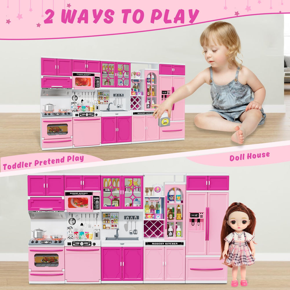 Wee Wonders storage cabinets open to keep toy utensils neatly organized.
