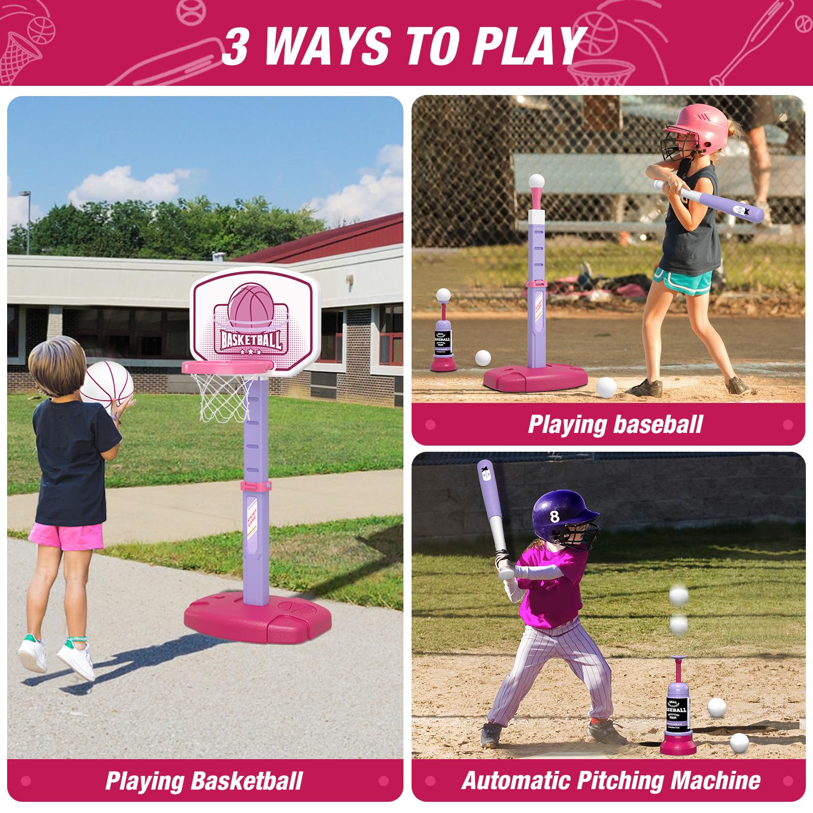 Wee Wonders T-ball stand pink; adjustable height for growing players.