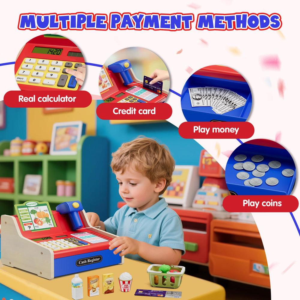 Wee Wonders cash register panel, buttons, and scanner for realistic shopping experiences.