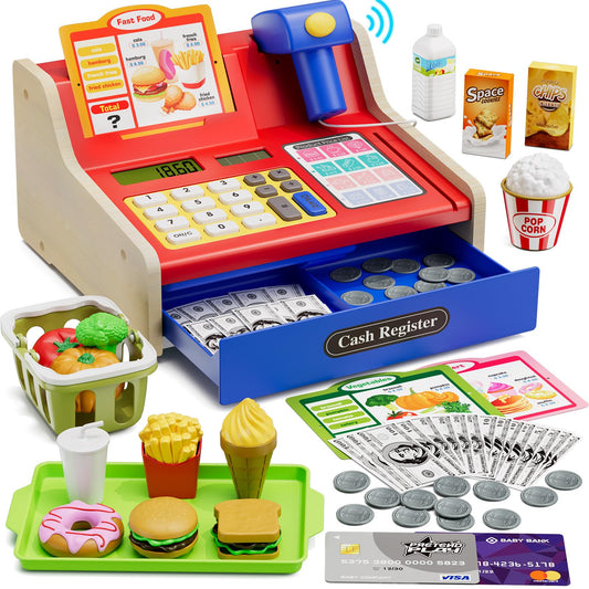 Wee Wonders wooden cash register with real calculator for engaging pretend play.