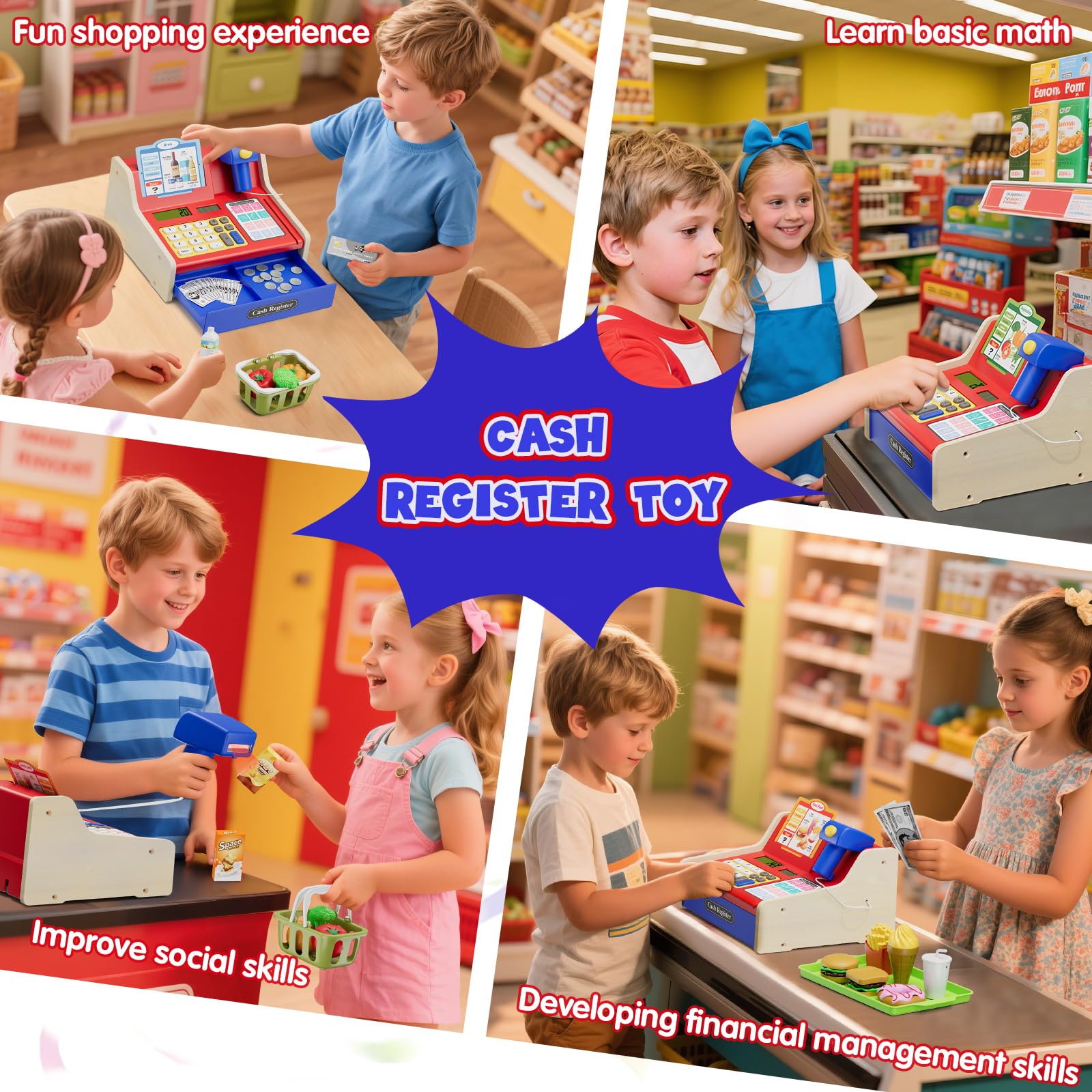 Wee Wonders wooden cash register showcases safe, durable construction for kids.