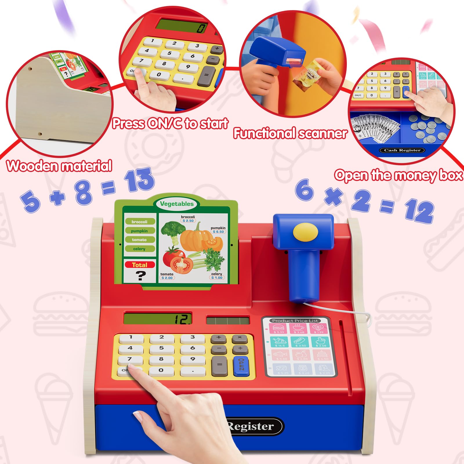Wee Wonders shopping basket and tray support organized pretend shopping.