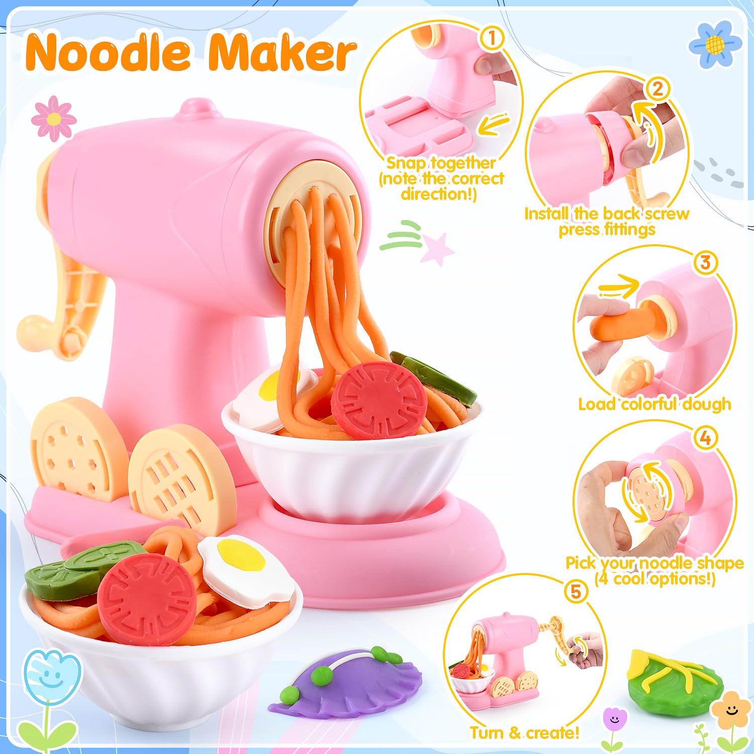 WeeHomm 5-in-1 color dough noodle maker supports fine motor fun.