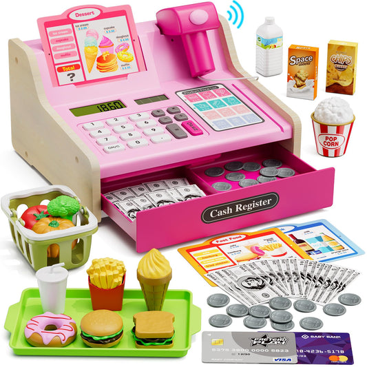 Wee Wonders wooden cash register with scanner for pretend checkout and learning.