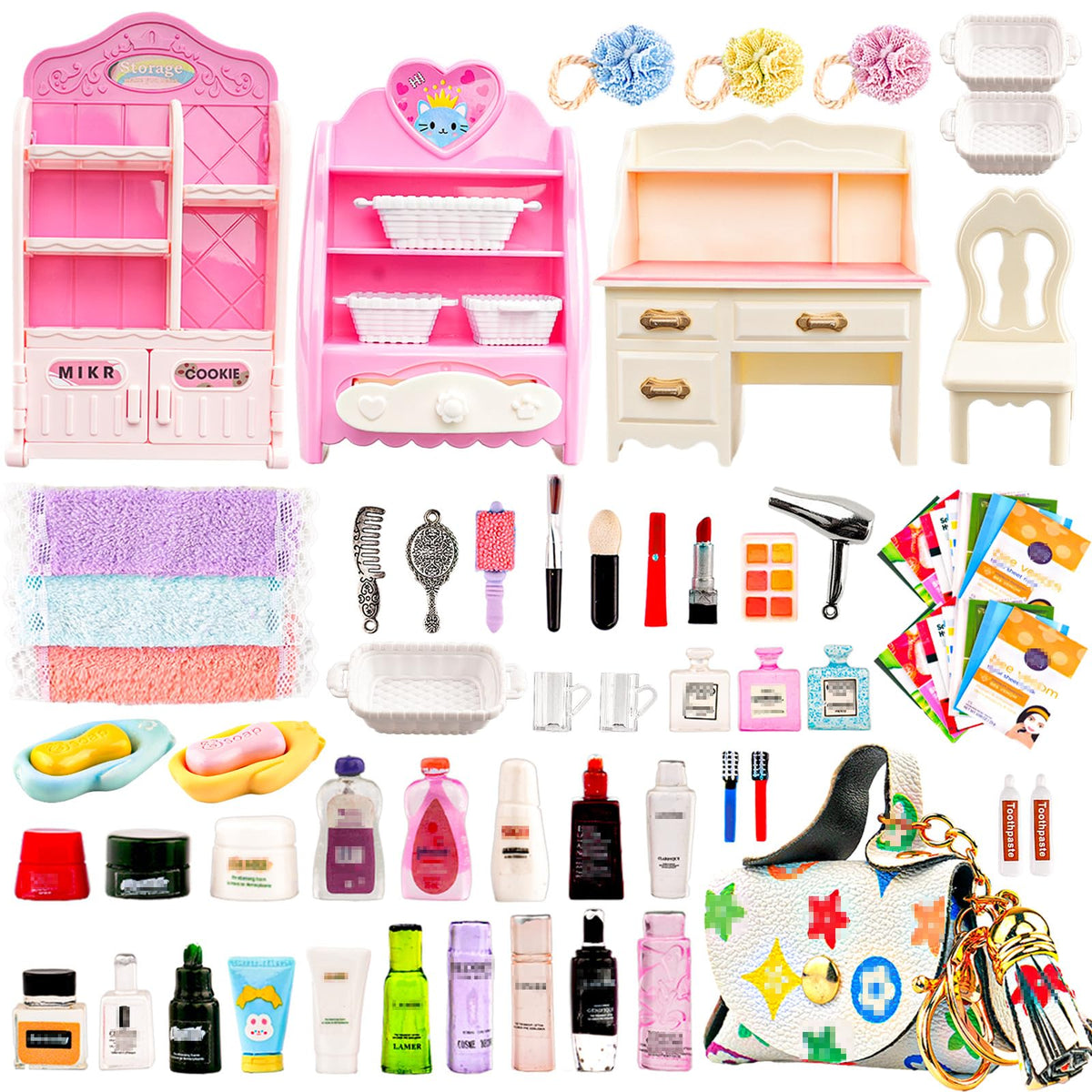 WEHOO 74-piece dollhouse bathroom cabinet with drawers for tidy mini storage.