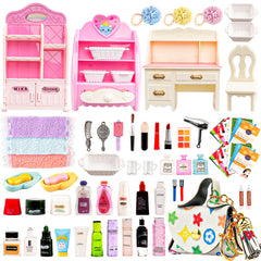 WEHOO 74-piece dollhouse bathroom cabinet with drawers for tidy mini storage.