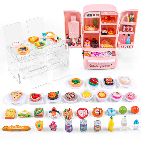 Wehoo dollhouse fridge with open doors showing organized mini storage for pretend meals